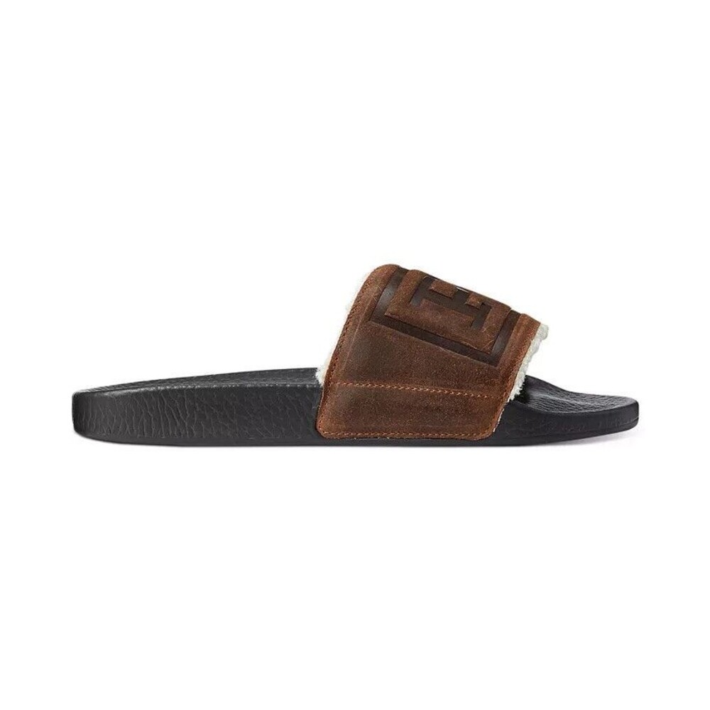 NWOB POLO RALPH LAUREN MEN'S SANDALS Suede Sherpa Lined Logo Slide SNUFF CAYSON - Picture 2 of 10